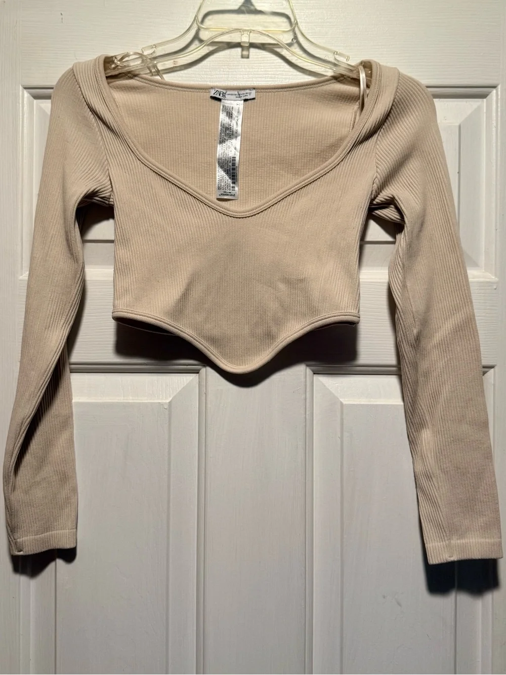 Zara Women's Ribbed V-Neck Long Sleeve Crop Top - Beige